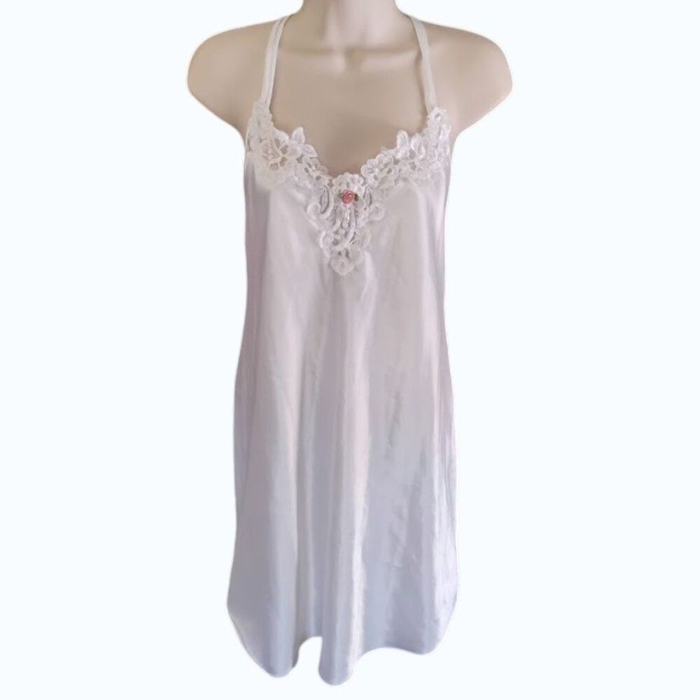 Vintage California Miss Nightgown Medium White Lace Floral Satin Slip Dress